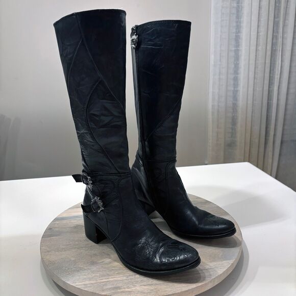 Mark Nason Siren Women's Tall Black Leather Embossed Riding‎ Boots US Size 5